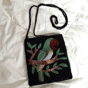 Ermo -Parrot- Micro Beaded Evening Bag- Crossbody- Black w/Green, Red, White